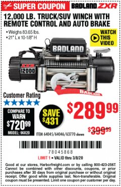Harbor Freight Coupon 12,000 LB. TRUCK/SUV WINCH Lot No. 64045/64046/63770 Expired: 3/8/20 - $289.99