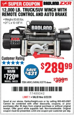 Harbor Freight Coupon 12,000 LB. TRUCK/SUV WINCH Lot No. 64045/64046/63770 Expired: 3/22/20 - $289.99