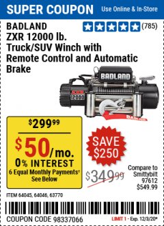 Harbor Freight Coupon 12,000 LB. TRUCK/SUV WINCH Lot No. 64045/64046/63770 Expired: 12/3/20 - $299.99