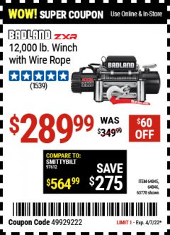 Harbor Freight Coupon 12,000 LB. TRUCK/SUV WINCH Lot No. 64045/64046/63770 Expired: 4/7/22 - $289.99