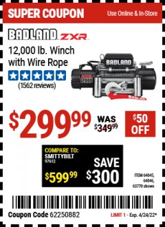 Harbor Freight Coupon 12,000 LB. TRUCK/SUV WINCH Lot No. 64045/64046/63770 Expired: 4/24/22 - $299.99