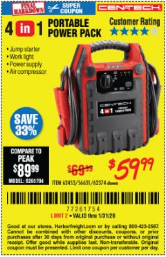 Harbor Freight Coupon 4 IN ONE PORTABLE POWER PACK Lot No. 56631/62453/62374 Expired: 1/31/20 - $59.99