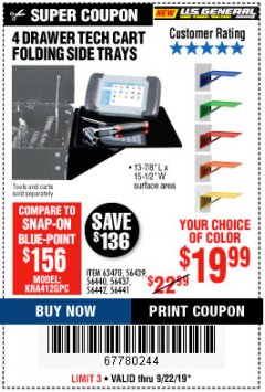 Harbor Freight Coupon 4 DRAWER TECH CART FOLDING SIDE TRAYS Lot No. 63470, 56439, 56440, 56437, 56442, 56441 Expired: 9/22/19 - $19.99