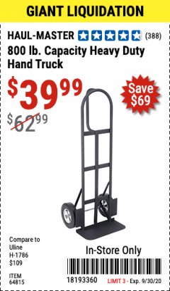 Harbor Freight Coupon 800 LB. CAPACITY BIG FOOT HAND TRUCK Lot No. 64815 Expired: 9/30/20 - $39.99
