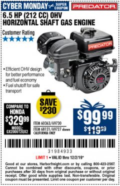 Harbor Freight Coupon 10PCT OFF ANY PREDATOR GAS ENGINE Lot No. 62554/69730/60363/69727/61614/60340/60349/69731/69733/69736/62879/62553 Expired: 12/1/19 - $99.99