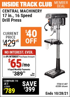 Harbor Freight ITC Coupon 17", 16 SPEED DRILL PRESS Lot No. 61487/43389 Expired: 10/28/21 - $389.99
