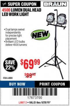 Harbor Freight Coupon 4500 LUMEN DUAL HEAD LED WORK LIGHT Lot No. 64800 Expired: 9/30/19 - $69.99