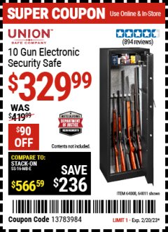 Harbor Freight Coupon UNION 10 GUN ELECTRONIC SECURITY SAFE Lot No. 64011/64008 Expired: 2/20/23 - $329.99