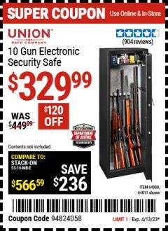 Harbor Freight Coupon UNION 10 GUN ELECTRONIC SECURITY SAFE Lot No. 64011/64008 Expired: 4/13/23 - $329.99