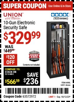 Harbor Freight Coupon UNION 10 GUN ELECTRONIC SECURITY SAFE Lot No. 64011/64008 Expired: 10/12/23 - $329.99