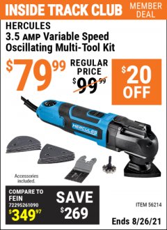 Harbor Freight ITC Coupon 3.5 AMP PROFESSIONAL VARIABLE SPEED MULTI-TOOL KIT Lot No. 56214 Expired: 8/26/21 - $79.99