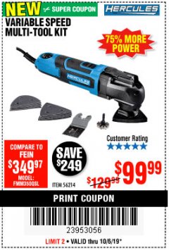 Harbor Freight Coupon 3.5 AMP PROFESSIONAL VARIABLE SPEED MULTI-TOOL KIT Lot No. 56214 Expired: 10/6/19 - $99.99