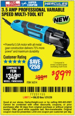 Harbor Freight Coupon 3.5 AMP PROFESSIONAL VARIABLE SPEED MULTI-TOOL KIT Lot No. 56214 Expired: 1/31/20 - $89.99