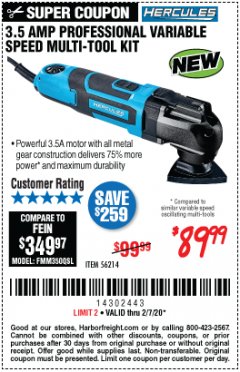 Harbor Freight Coupon 3.5 AMP PROFESSIONAL VARIABLE SPEED MULTI-TOOL KIT Lot No. 56214 Expired: 2/7/20 - $89.99