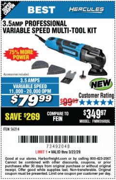Harbor Freight Coupon 3.5 AMP PROFESSIONAL VARIABLE SPEED MULTI-TOOL KIT Lot No. 56214 Expired: 3/22/20 - $79.99