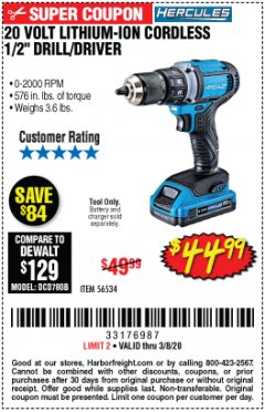 Harbor Freight Coupon HERCULES 20 VOLT LITHIUM-ION CORDLESS 1/2" DRILL/DRIVER Lot No. 56534 Expired: 2/8/20 - $44.99