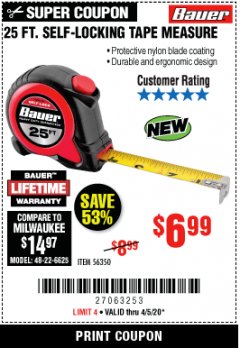 Harbor Freight Coupon 25 FT. SELF-LOCKING TAPE MEASURE Lot No. 56350 Expired: 6/30/20 - $6.99