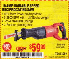 Harbor Freight Coupon BAUER 10 AMP VARIABLE SPEED RECIPROCATING SAW Lot No. 56250 Expired: 10/31/19 - $59.99