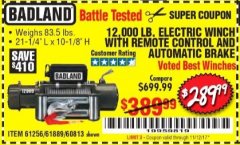 Harbor Freight Coupon 12,000 LB. ELECTRIC WINCH WITH REMOTE CONTROL AND AUTOMATIC BRAKE Lot No. 68142/61256/60813/61889 Expired: 11/12/17 - $289.99