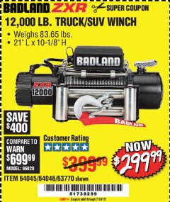 Harbor Freight Coupon 12,000 LB. ELECTRIC WINCH WITH REMOTE CONTROL AND AUTOMATIC BRAKE Lot No. 68142/61256/60813/61889 Expired: 7/19/19 - $299.99