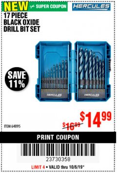 Harbor Freight Coupon 17 PIECE BLACK OXIDE DRILL BIT SET Lot No. 64895 Expired: 10/6/19 - $14.99