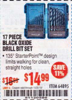 Harbor Freight Coupon 17 PIECE BLACK OXIDE DRILL BIT SET Lot No. 64895 Expired: 10/31/19 - $14.99