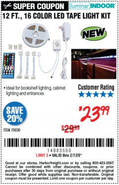 Harbor Freight Coupon 12 FT., 16 COLOR LED TAPE LIGHT Lot No. 70030 Expired: 1/7/20 - $23.99