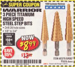 Harbor Freight Coupon 3 PIECE TITANIUM HIGH SPEED STEEL STEP BITS Lot No. 69087/60379/91616 Expired: 11/30/19 - $8.99
