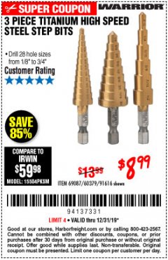 Harbor Freight Coupon 3 PIECE TITANIUM HIGH SPEED STEEL STEP BITS Lot No. 69087/60379/91616 Expired: 12/31/19 - $8.99