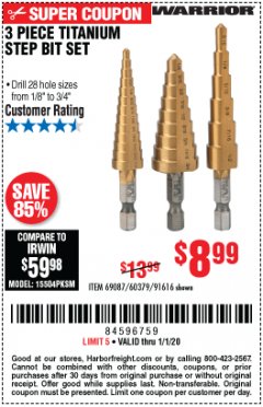 Harbor Freight Coupon 3 PIECE TITANIUM HIGH SPEED STEEL STEP BITS Lot No. 69087/60379/91616 Expired: 1/1/20 - $8.99