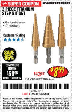 Harbor Freight Coupon 3 PIECE TITANIUM HIGH SPEED STEEL STEP BITS Lot No. 69087/60379/91616 Expired: 2/8/20 - $8.99