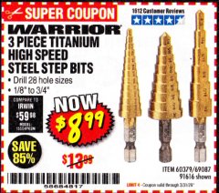 Harbor Freight Coupon 3 PIECE TITANIUM HIGH SPEED STEEL STEP BITS Lot No. 69087/60379/91616 Expired: 3/31/20 - $8.99