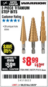 Harbor Freight Coupon 3 PIECE TITANIUM HIGH SPEED STEEL STEP BITS Lot No. 69087/60379/91616 Expired: 3/8/20 - $8.99
