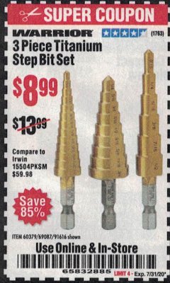 Harbor Freight Coupon 3 PIECE TITANIUM HIGH SPEED STEEL STEP BITS Lot No. 69087/60379/91616 Expired: 7/31/20 - $8.99