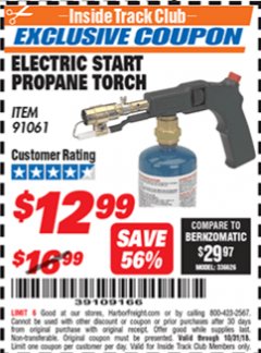 Harbor Freight ITC Coupon ELECTRIC START PROPANE TORCH Lot No. 91061 Expired: 10/31/18 - $12.99