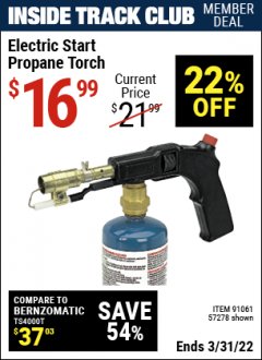 Harbor Freight ITC Coupon ELECTRIC START PROPANE TORCH Lot No. 91061 Expired: 3/31/22 - $16.99
