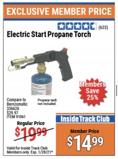 Harbor Freight ITC Coupon ELECTRIC START PROPANE TORCH Lot No. 91061 Expired: 1/28/21 - $14.99