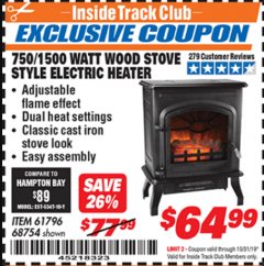 Harbor Freight ITC Coupon 750/1500 WATT WOOD STOVE STYLE ELECTRIC HEATER Lot No. 61796/68754 Expired: 10/31/19 - $64.99