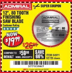 Harbor Freight Coupon 12" 80 TOOTH FINISHING SAW BLADE Lot No. 64911, 62725 Expired: 6/30/20 - $19.99