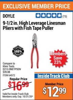 Harbor Freight ITC Coupon 9-1/2" HIGH LEVERAGE LINESMAN PLIERS WITH FISH TAPE PULLER Lot No. 64572, 63946 Expired: 10/31/20 - $12.99