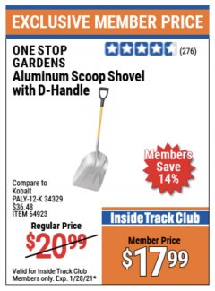 Harbor Freight ITC Coupon ALUMINUM SCOOP SHOVEL WITH D-HANDLE Lot No. 64923/69824 Expired: 1/28/21 - $17.99