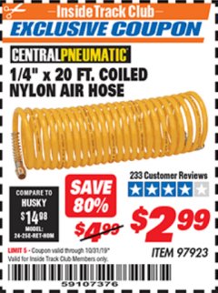 Harbor Freight ITC Coupon 1/4" X 20 FT. COILED NYLON AIR HOSE Lot No. 97923 Expired: 10/31/19 - $2.99