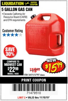 Harbor Freight Coupon 5 GALLON DIESEL/ GAS CAN Lot No. 56420/63481/56419/67997 Expired: 11/10/19 - $15.99
