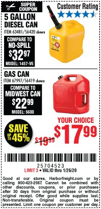 Harbor Freight Coupon 5 GALLON DIESEL/ GAS CAN Lot No. 56420/63481/56419/67997 Expired: 1/26/20 - $17.99