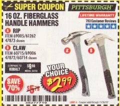 Harbor Freight Coupon 16 OZ. FIBERGLASS HANDLE HAMMERS Lot No. 47873/60714 Expired: 11/30/19 - $2.99