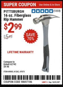 Harbor Freight Coupon 16 OZ. FIBERGLASS HANDLE HAMMERS Lot No. 47873/60714 Expired: 10/31/20 - $2.99