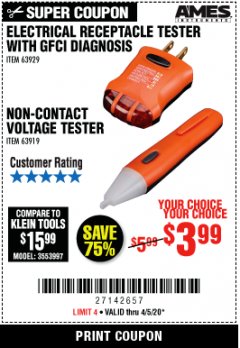 Harbor Freight Coupon NON-CONTACT VOLTAGE TESTER OR ELECTRICAL RECEPTACLE TESTER WITH GFCI DIAGNOSIS Lot No. 63919, 63929 Expired: 6/30/20 - $3.99