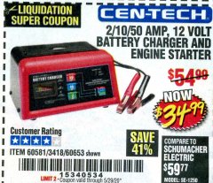 Harbor Freight Coupon CEN-TECH 2/10/50 AMP, 12 VOLT BATTERY CHARGER/ENGINE STARTER Lot No. 60653/3418/60581 Expired: 6/30/20 - $34.99