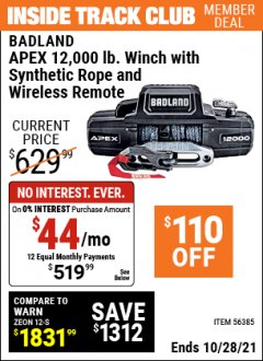Harbor Freight ITC Coupon BADLAND APEX 12,000 LB. TRUCK/SUV WINCH Lot No. 56385 Expired: 10/28/21 - $519.99