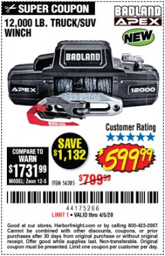 Harbor Freight Coupon BADLAND APEX 12,000 LB. TRUCK/SUV WINCH Lot No. 56385 Expired: 6/30/20 - $599.99